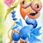 flower blue bird aceo