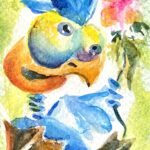 flower blue bird aceo